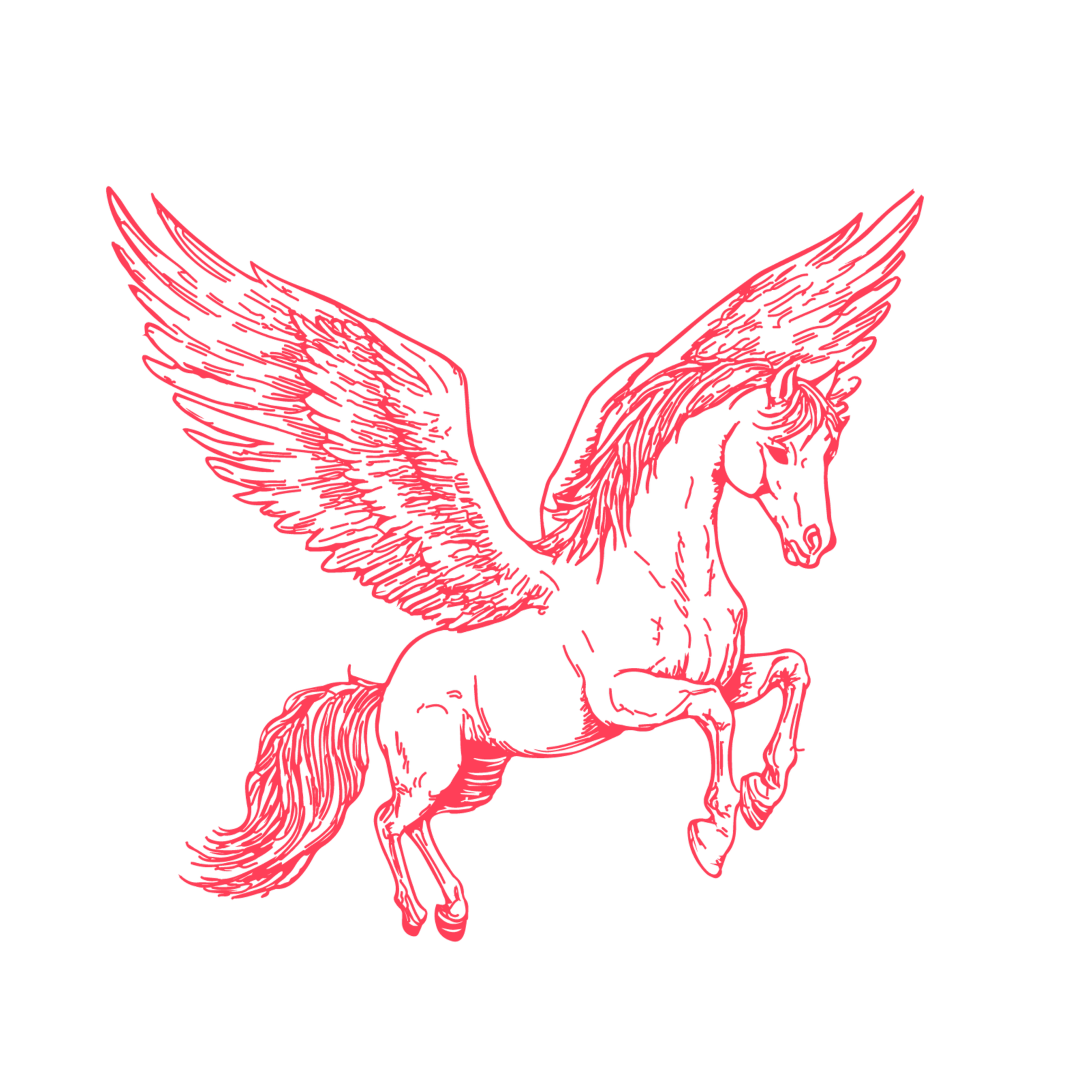 A neon pink line drawing of a Pegasus with large wings on a black background.