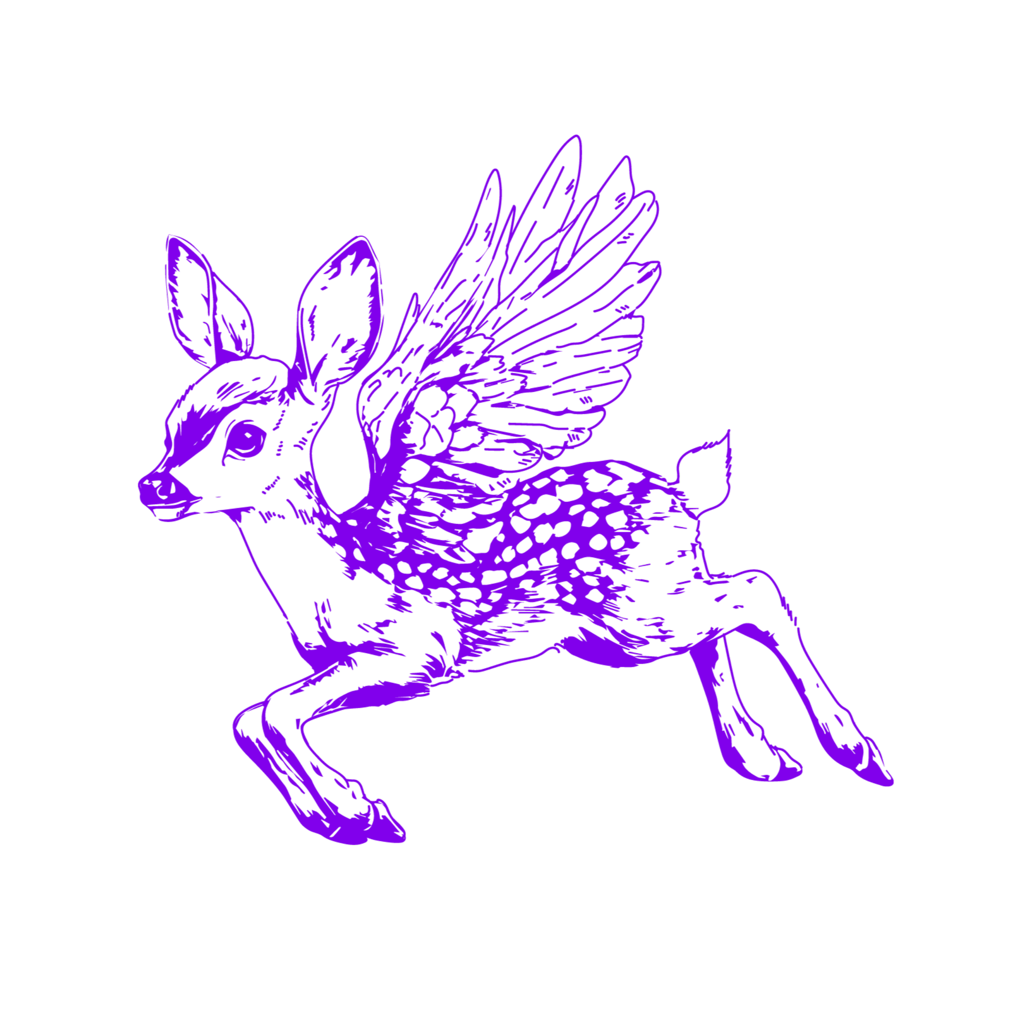Purple line drawing of a winged animal, a hybrid between a deer and a bird, on a black background.