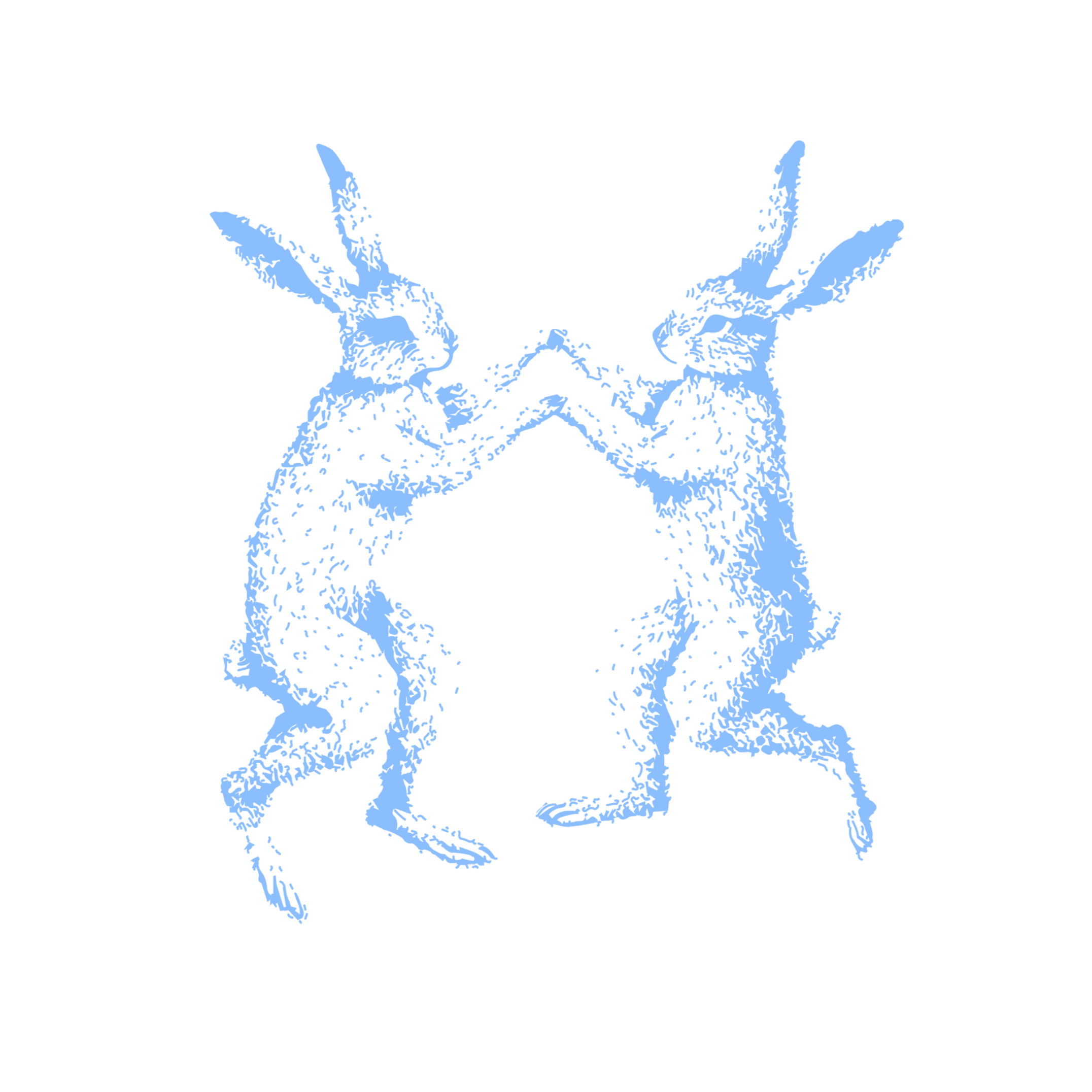 Image of two blue rabbits facing each other with front paws touching, sketch-style