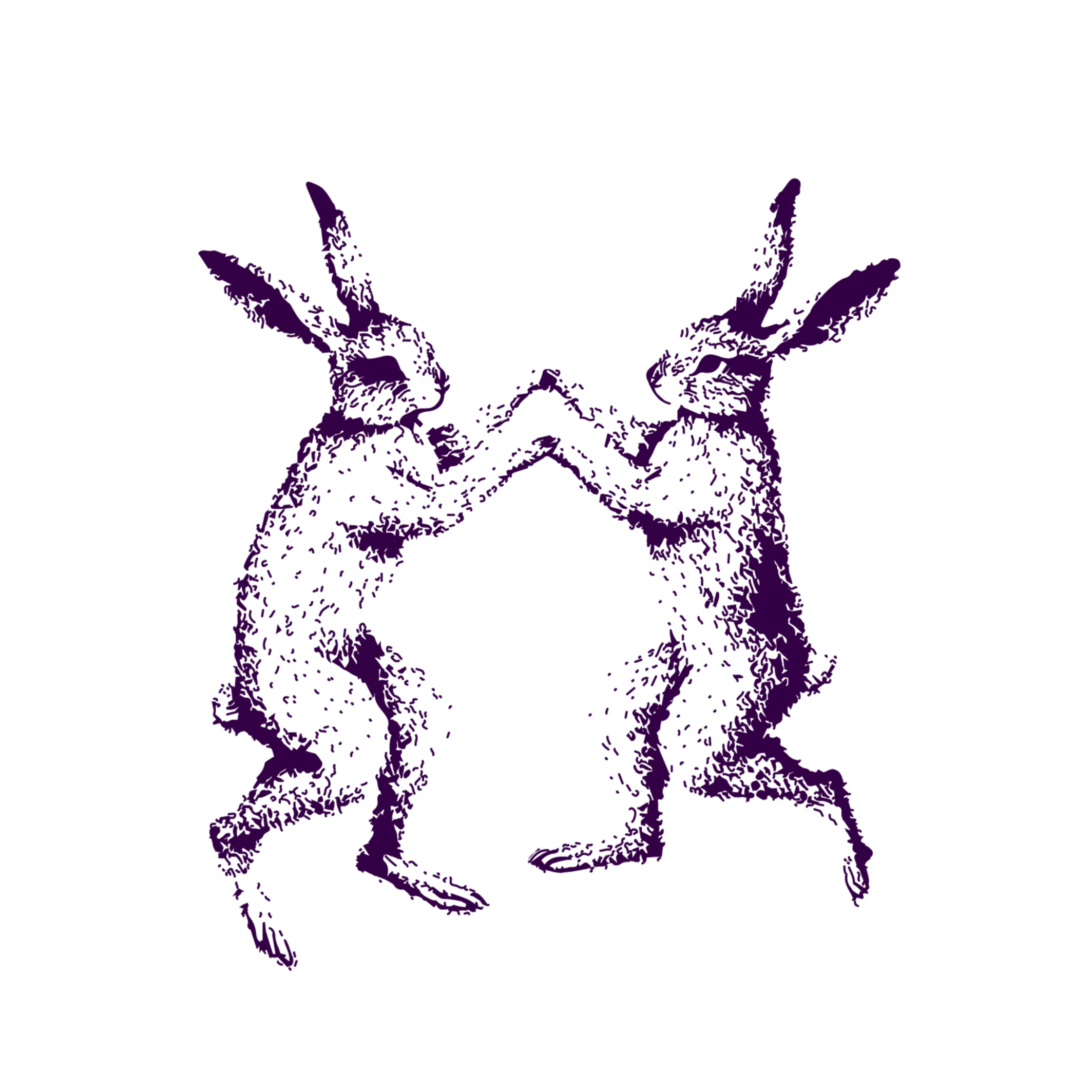 An illustration of two purple rabbits facing each other and touching noses, forming a heart shape with their heads and bodies.