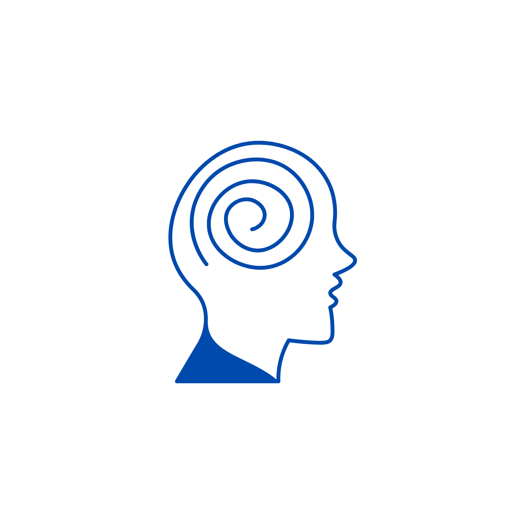 Ilustración de un perfil de una cabeza humana con un espiral en el interior del cerebro, en color azul sobre fondo negro, que simboliza la introspección o pensamiento profundo.