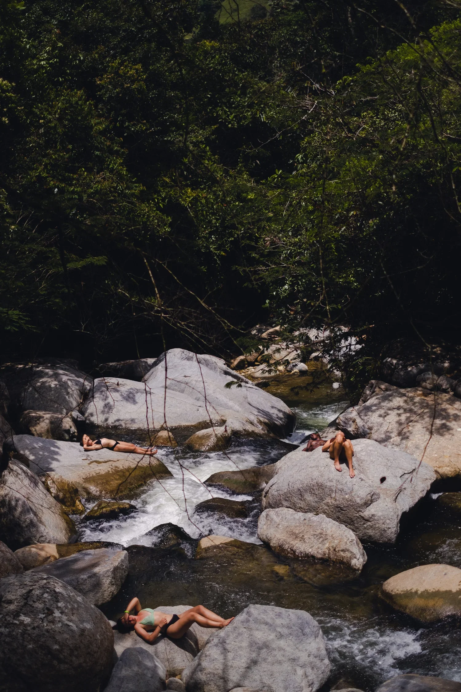 People relaxing on large rocks in a river amidst a lush, green forest.