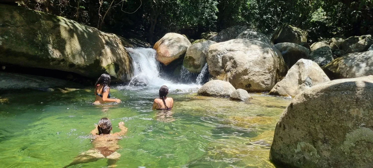 Three people swimming in a natural pool near a small waterfall with large rocks and trees surrounding the area.