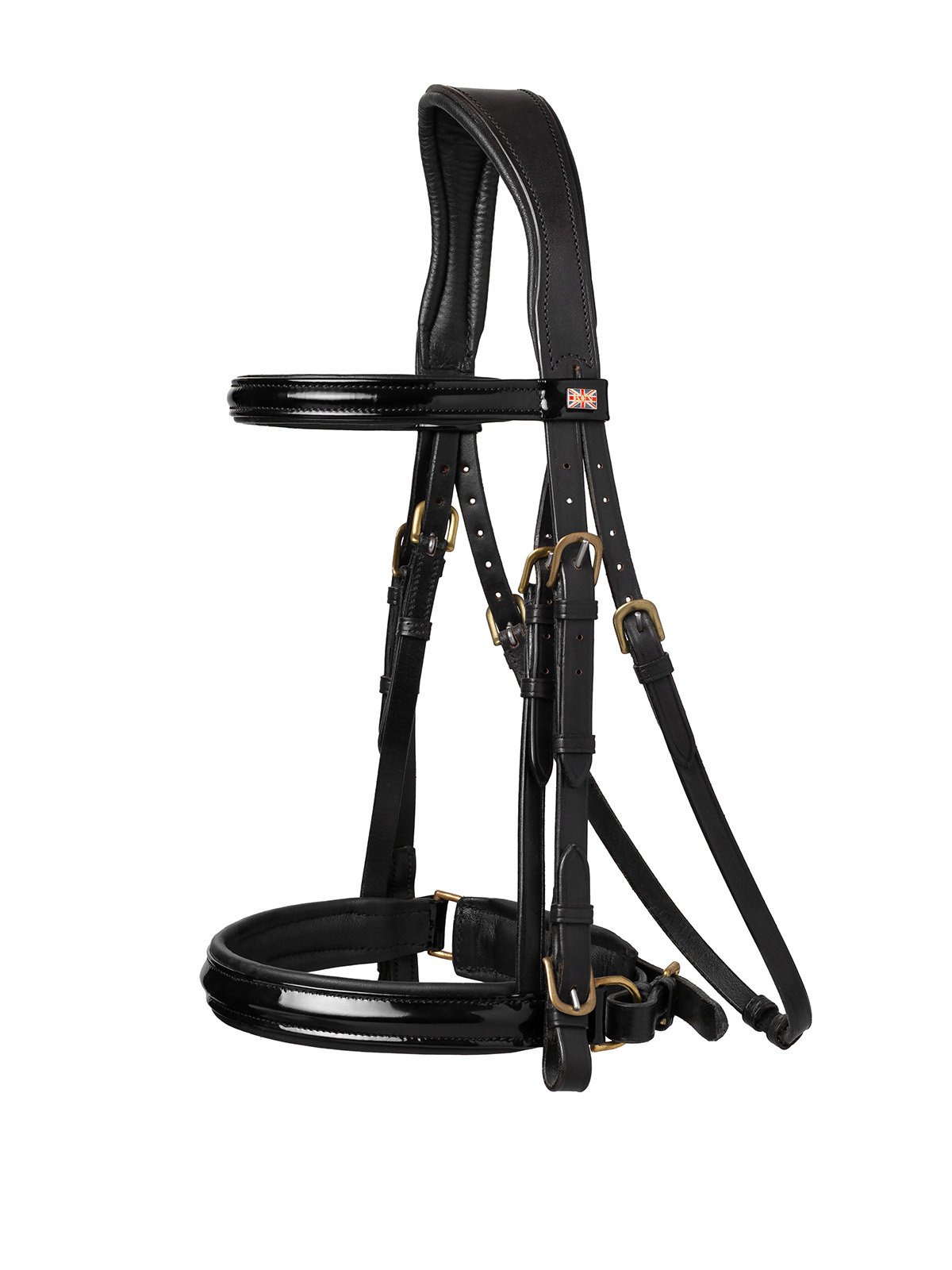 Padded patent Pull-back Cavesson Bridle