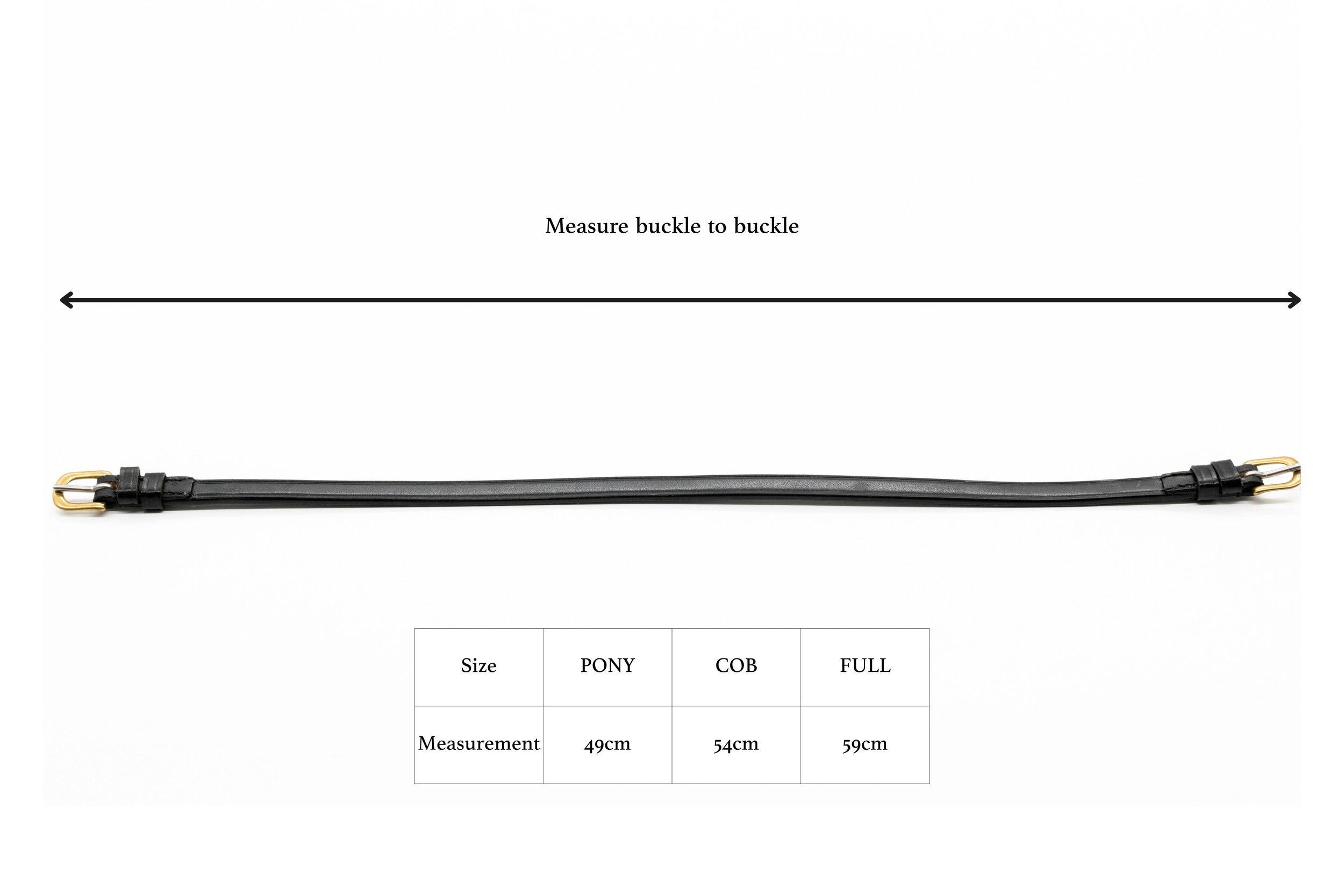 A black leather strap with gold buckles at both ends, used for horse riding, with a measurement chart indicating lengths for pony, cob, and full sizes.