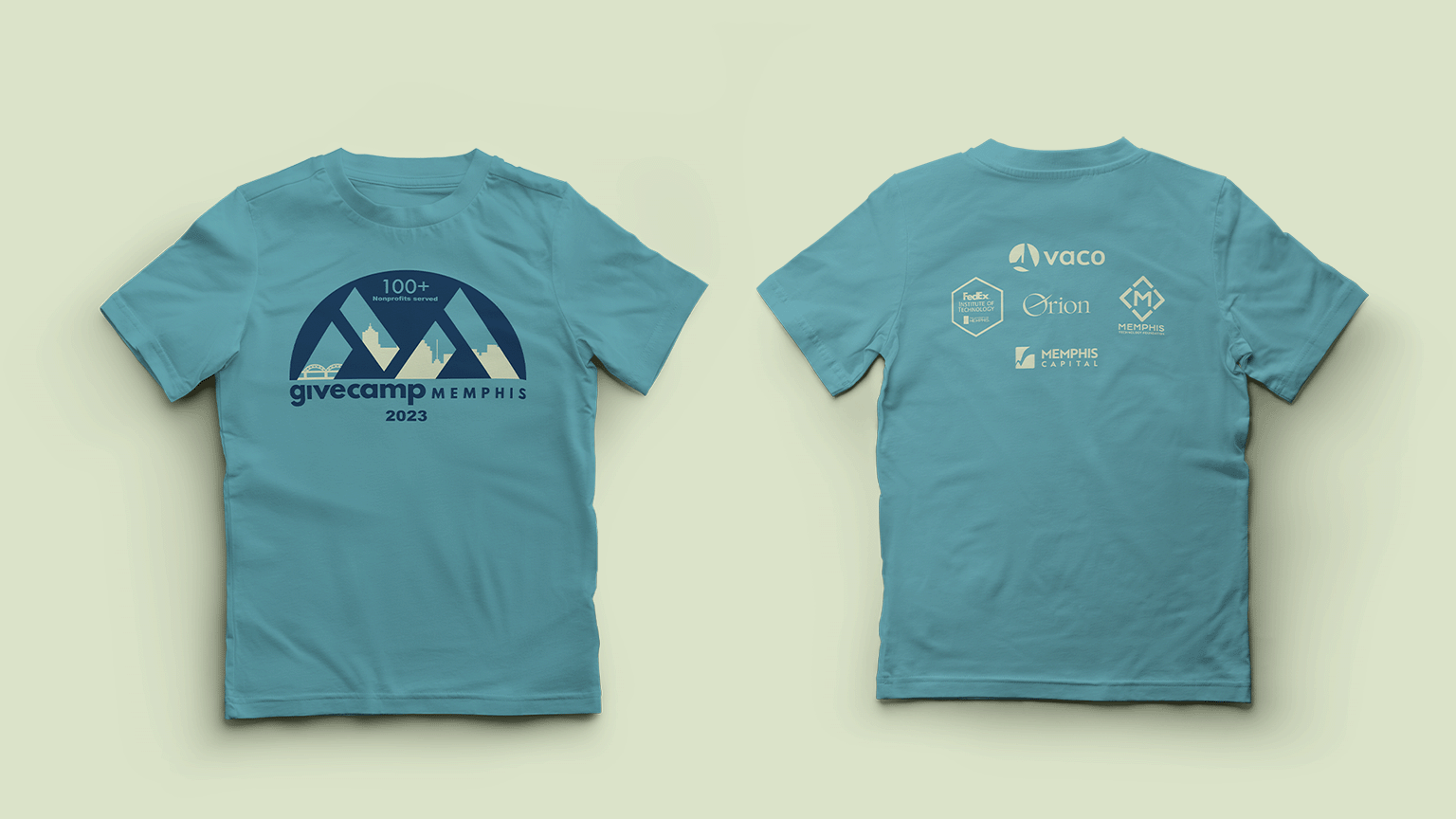 Featuring the Memphis skyline
to symbolize the return to in-person
collaboration. The arch surrounding the ‘M’ was inspired by the event venue’s architecture- rounded rooms with amphitheater seating.