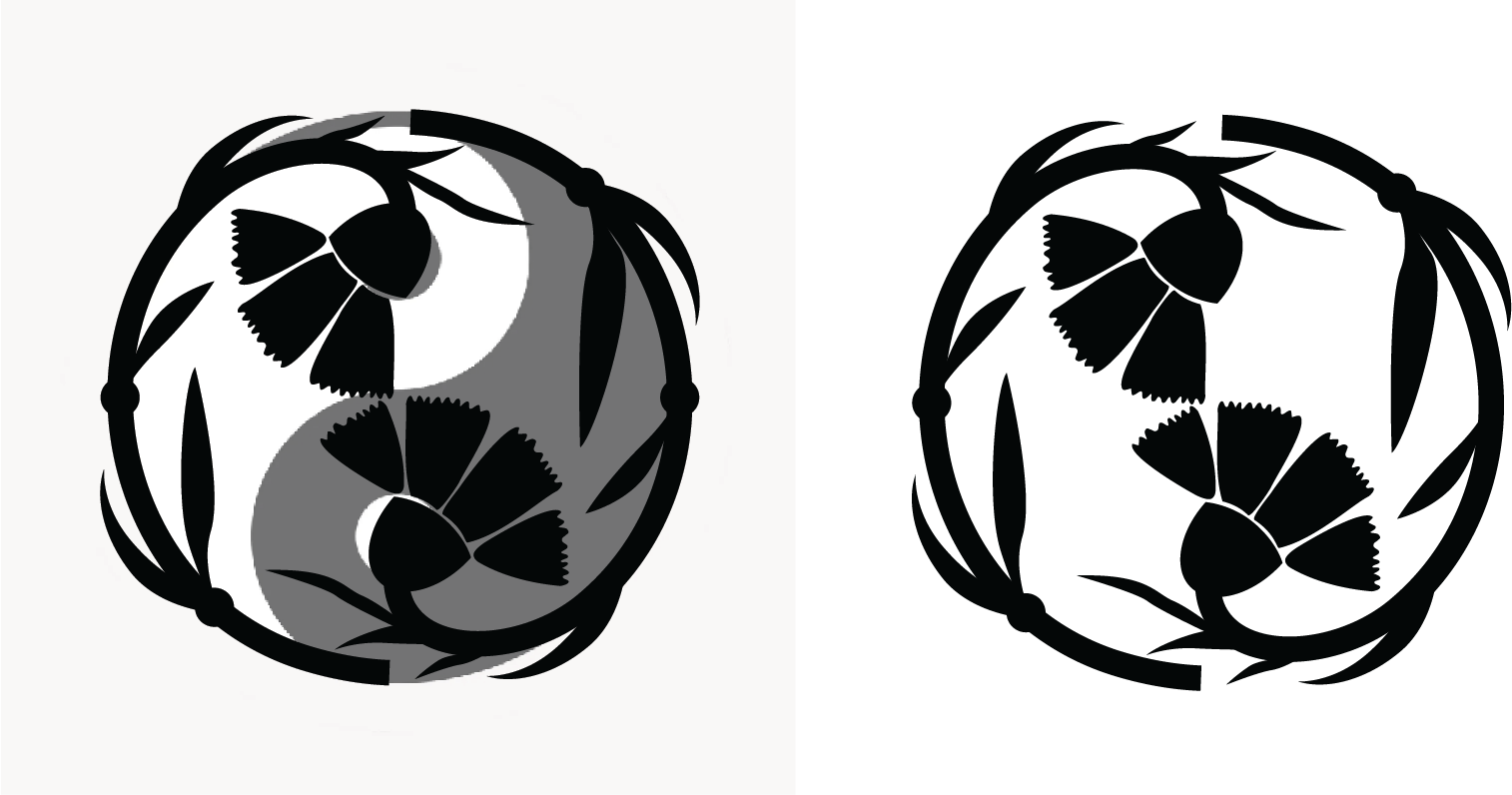 A symmetrical design featuring black and white yin-yang symbols decorated with flower and leaf patterns, divided into light and dark halves.