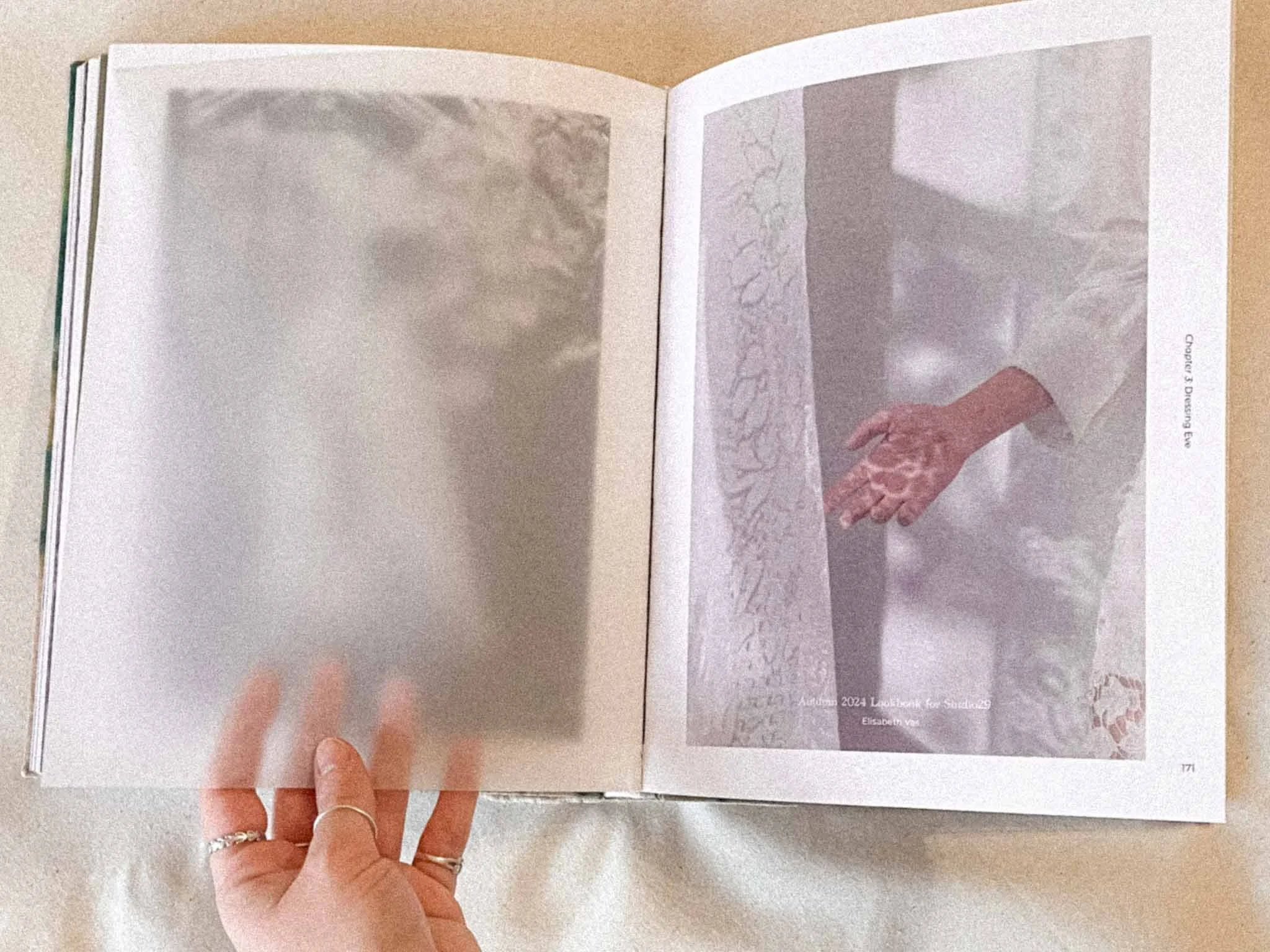 Open book with two pages visible, one showing a blurred image and the other with a photograph of a person's hand resting on a patterned surface, with a small caption at the bottom right corner.