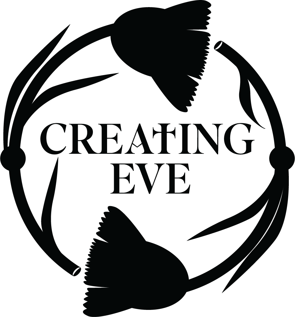 Silhouette of three stylized flower-like shapes surrounding the words 'Creating Eve' in the center.