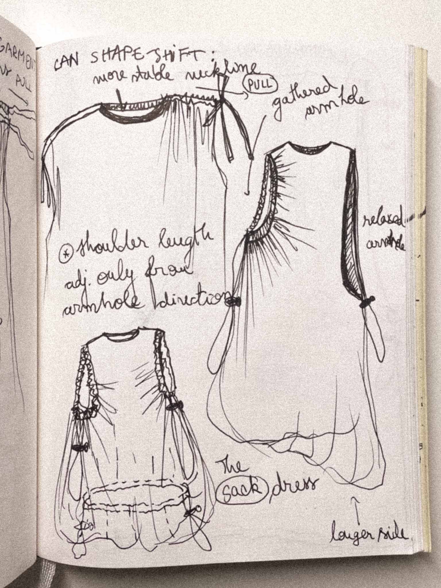 Sketch of a T-shirt design with annotations and notes about shaping, gather around, shoulder length, and larger side.