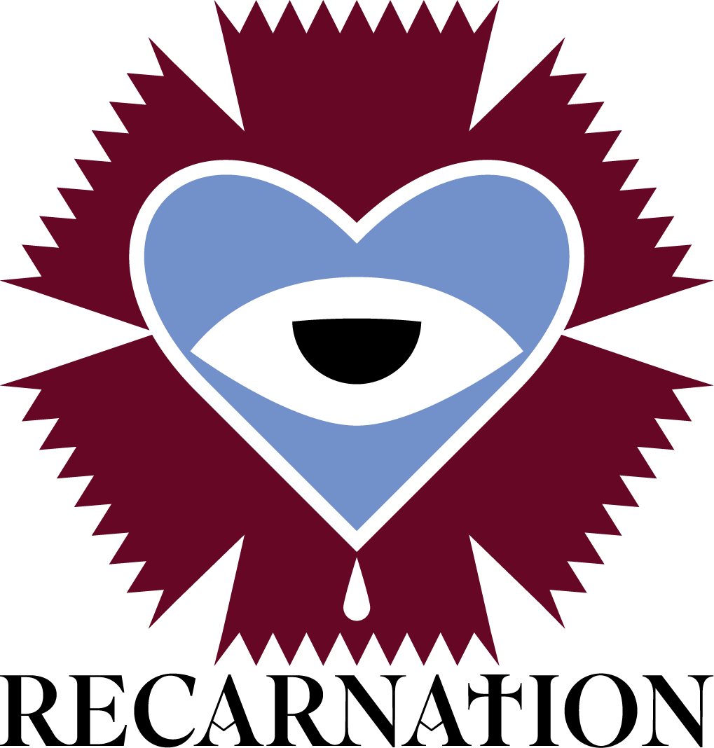 A graphic image of a smiling face with closed eyes inside a heart, set against a spiky, circular dark red background, with the word "RECARNA TION" below.