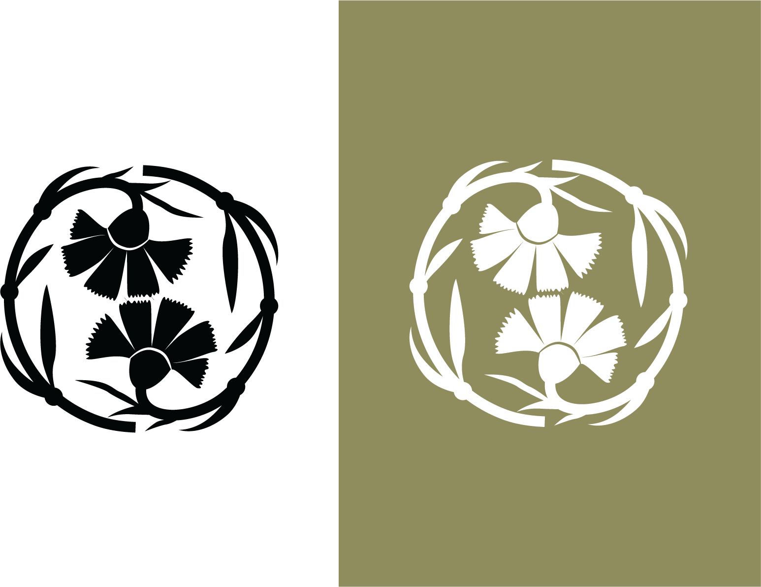A split image with a black and white floral design logo on the left and a white floral design logo on a muted green background on the right.