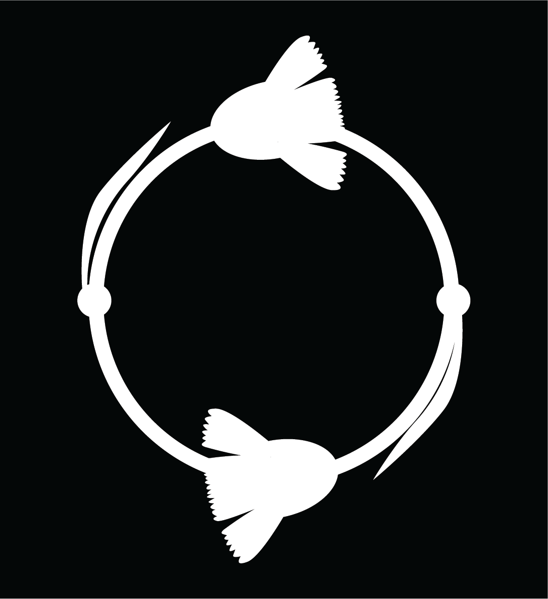 Silhouette of two birds connected in a circle against a black background.