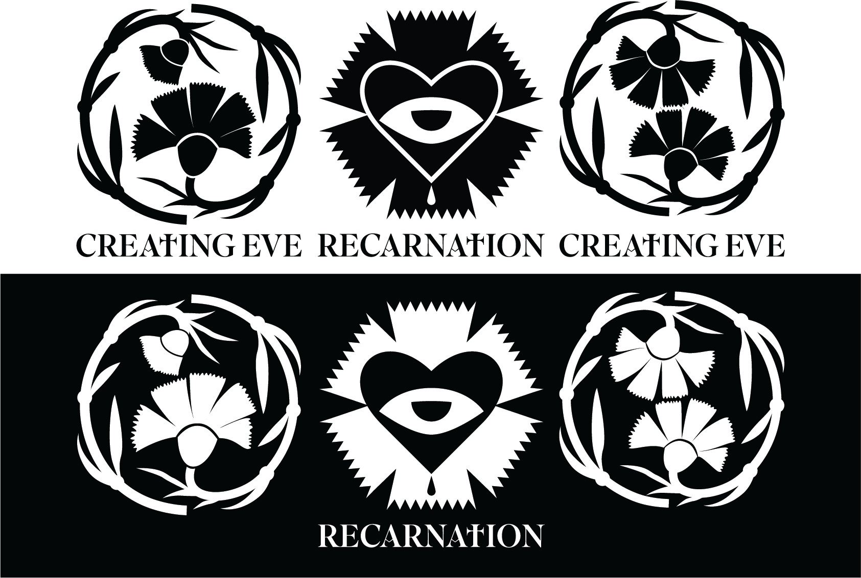 Two sets of symmetrical black and white illustrations with floral and heart motifs, featuring the words "Creating Eye Recanahion Creating Eye" and "Recanahion" in stylized text.