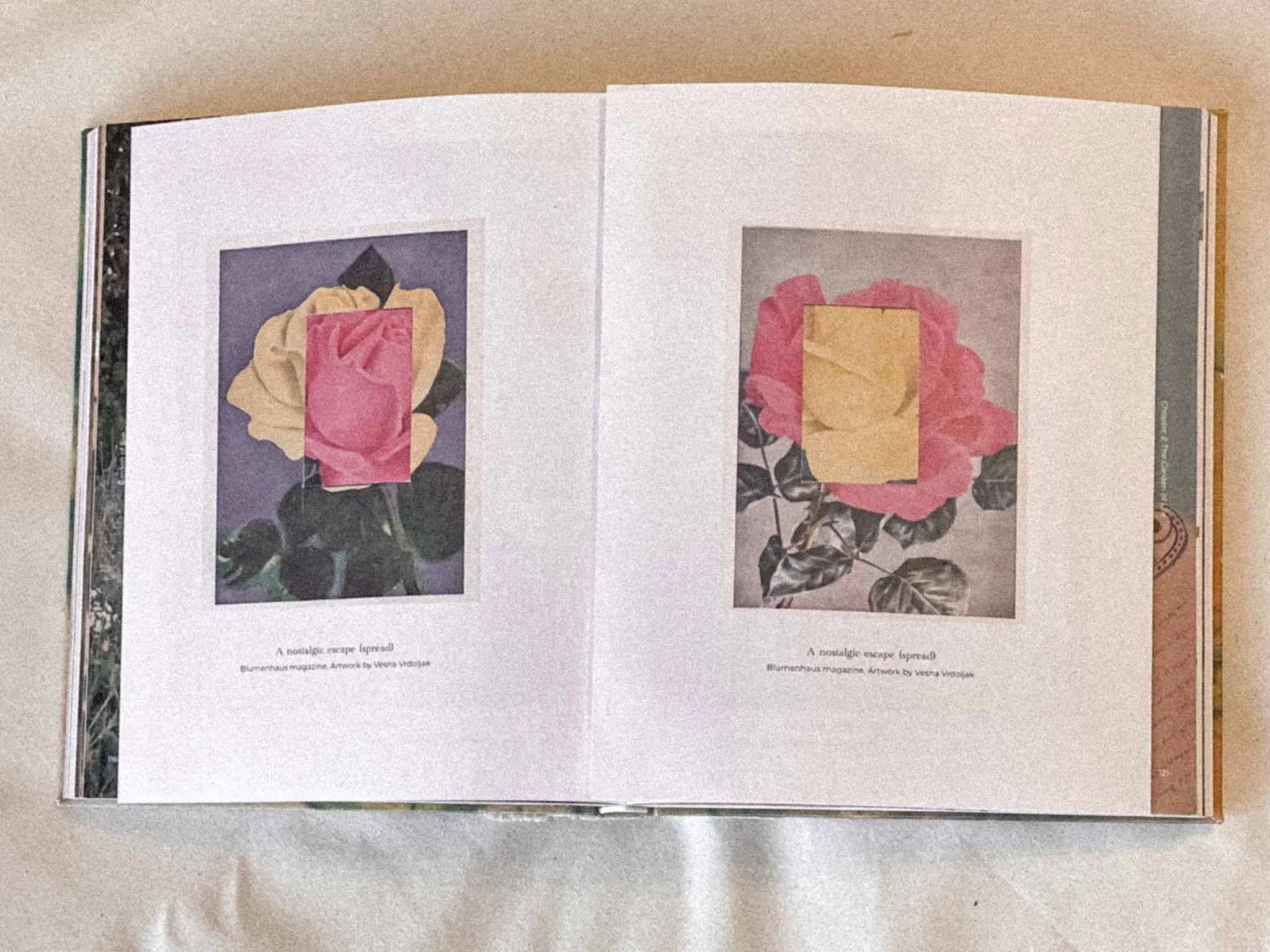Open book showing two pages with artwork of flowers and the text 'A nostalgic embrace spread' by Vesna Vlodjok from Blumenhaus magazine.