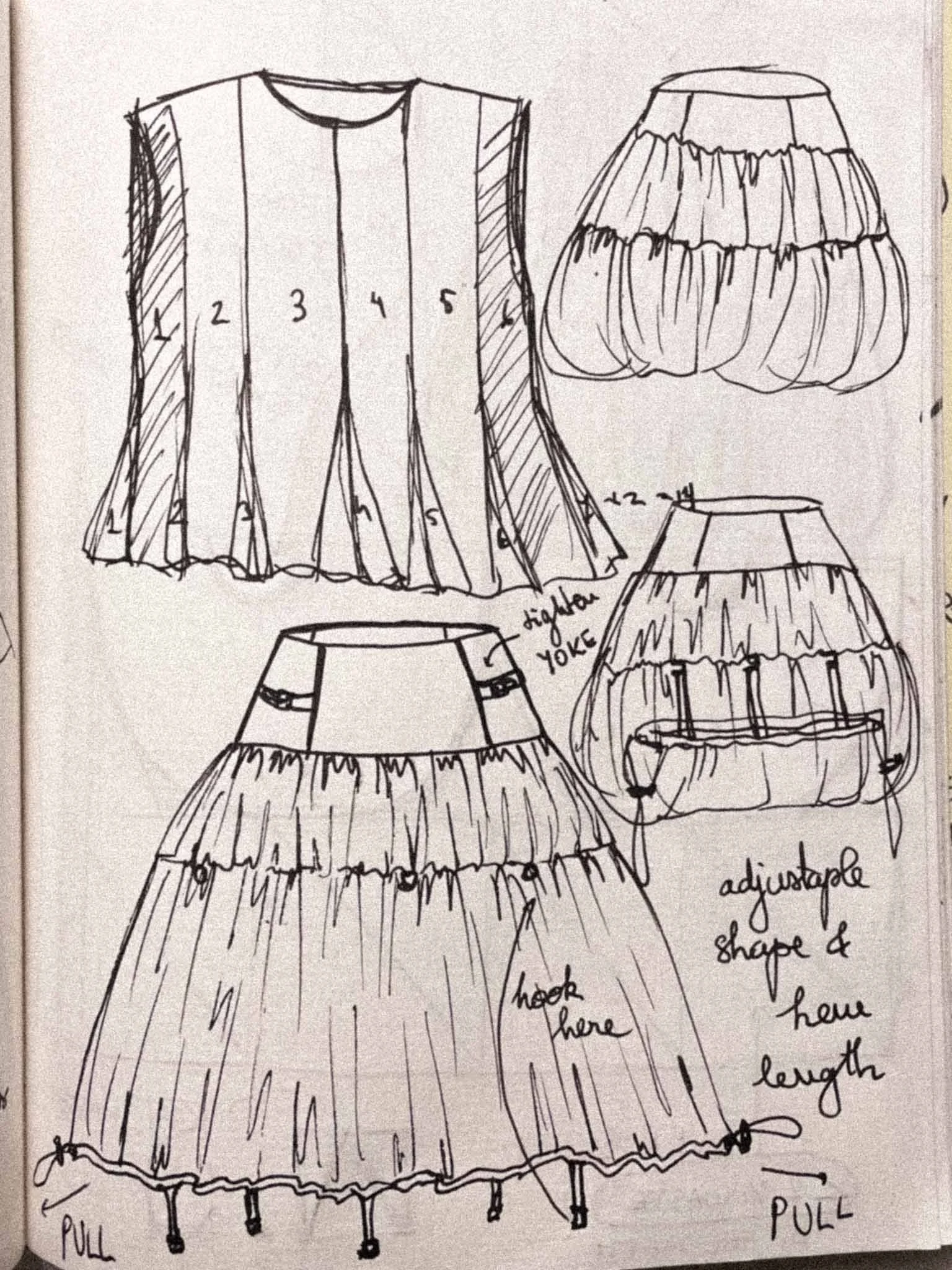 Hand-drawn sketches of adjustable lampshades with labels indicating parts like height, shape, and length, featuring notes such as 'adjustable shape & height'.