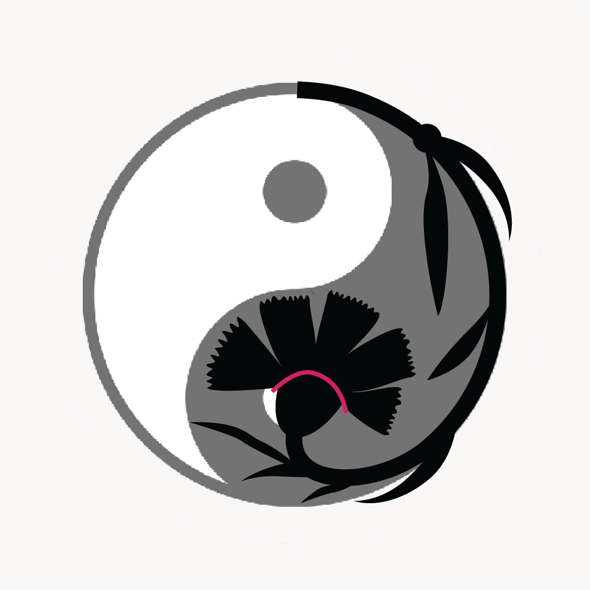 A yin-yang symbol with a stylized panda face incorporated into the design, featuring black and white sections and a pink curved line.