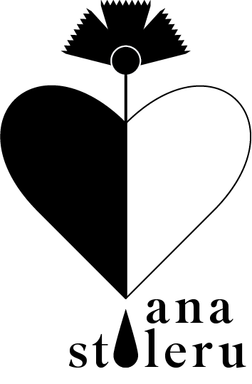 A stylized black and white graphic of a heart split down the middle, with one half black and the other white, connected by a line to a flower-like shape at the top. The words "ana stoleru" are in lowercase letters below the heart.