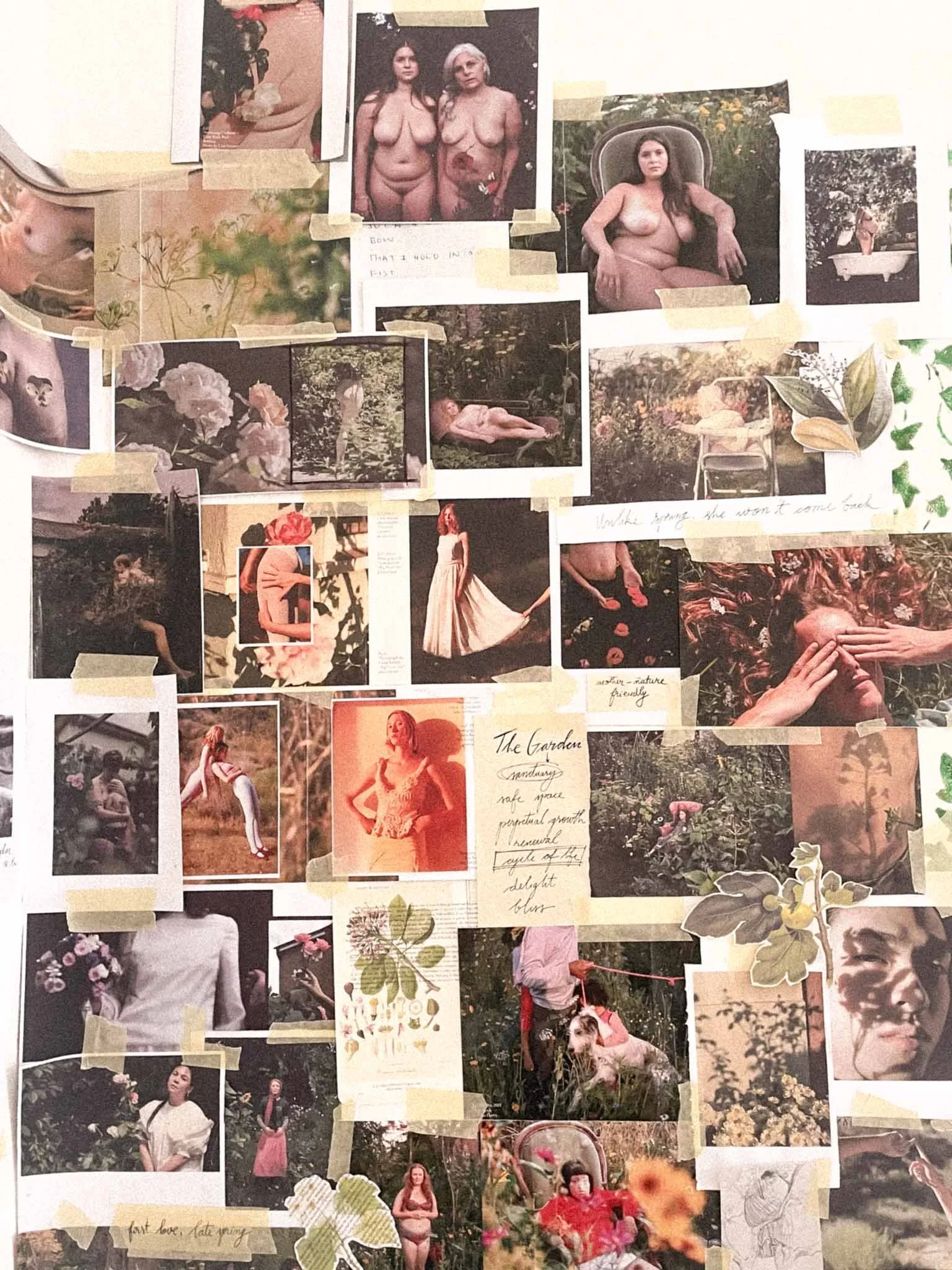Collage of photographs featuring women in various natural and outdoor settings, some posing nude or partially clothed, with flowers, greenery, and garden scenes.