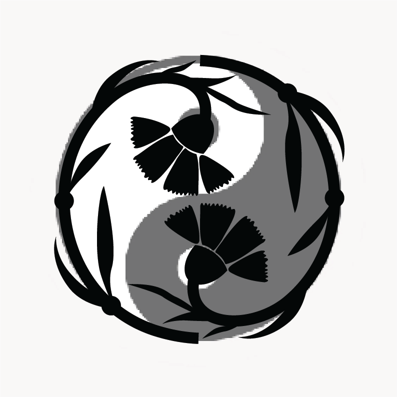 Black and white abstract artwork featuring circular and floral patterns.