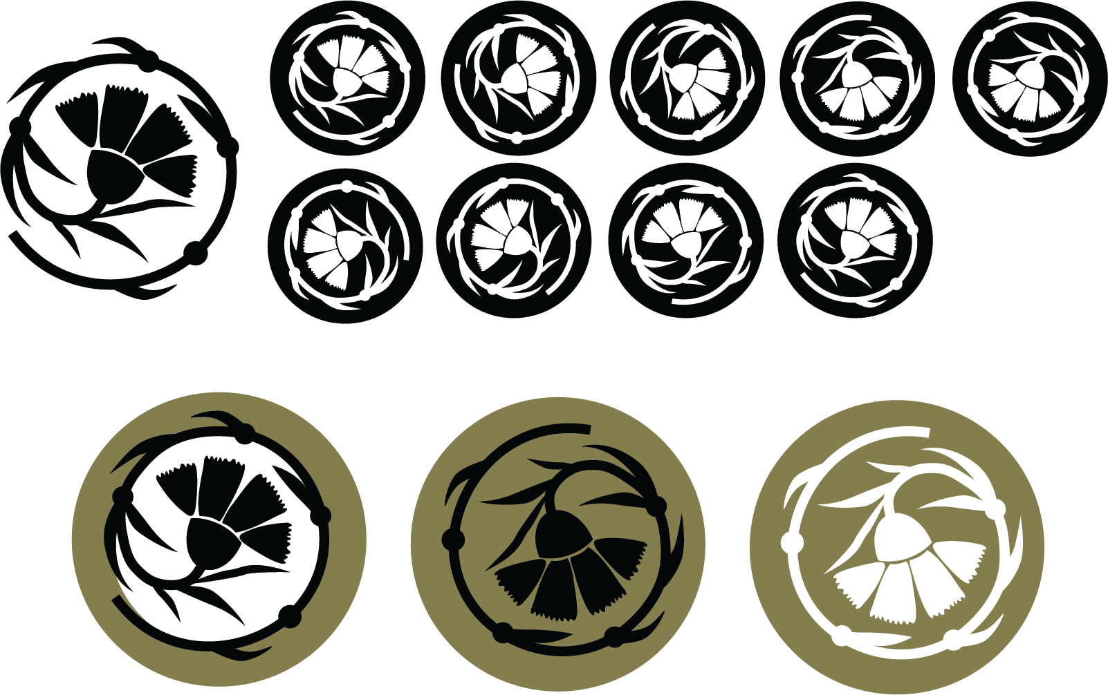Set of nine circular symbols featuring a stylized flower and leaf design with varying white, black, and greenish tones.