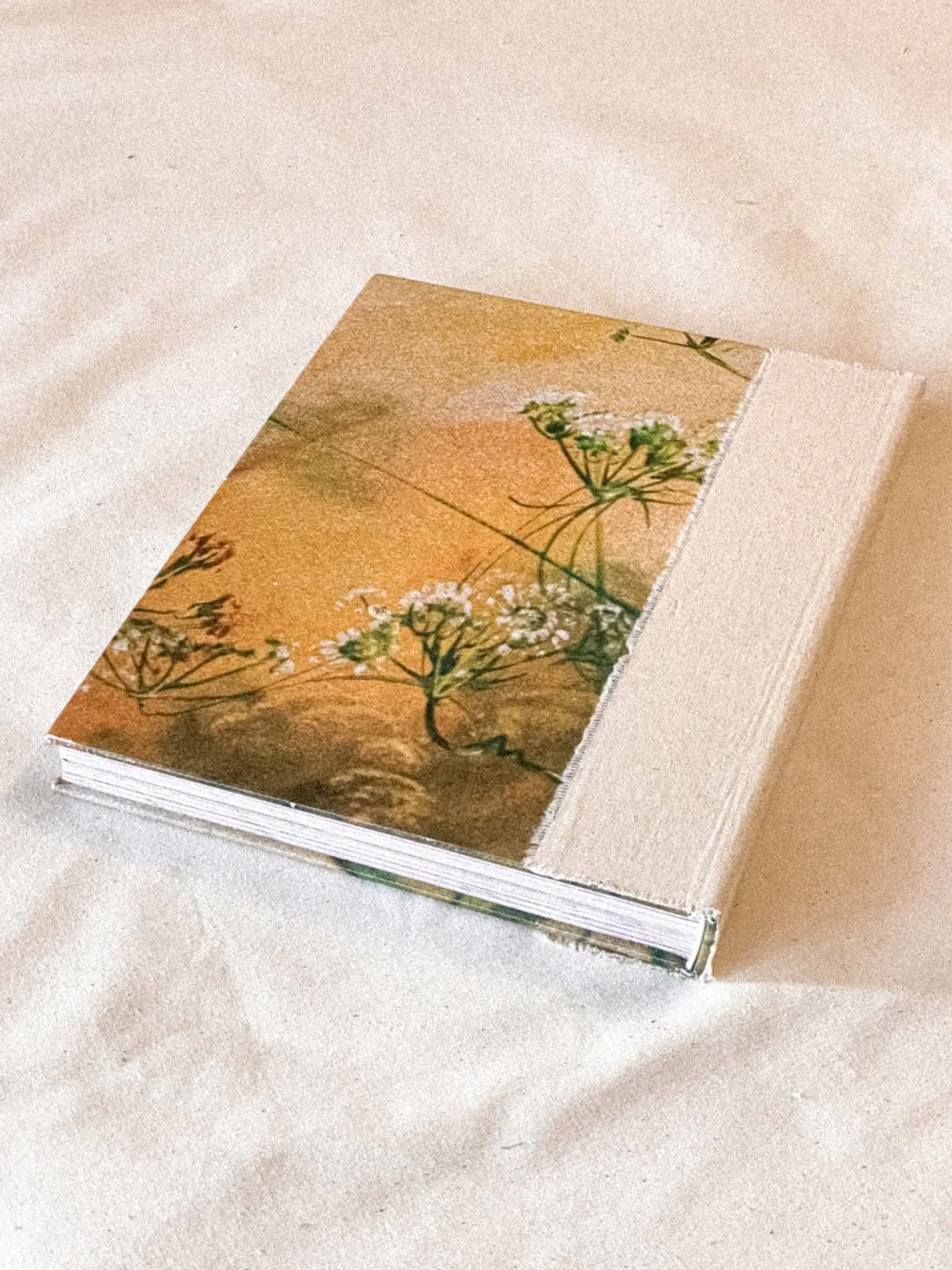 A closed hardcover book with a botanical illustration of green plants on a light brown background, rests on a white surface.