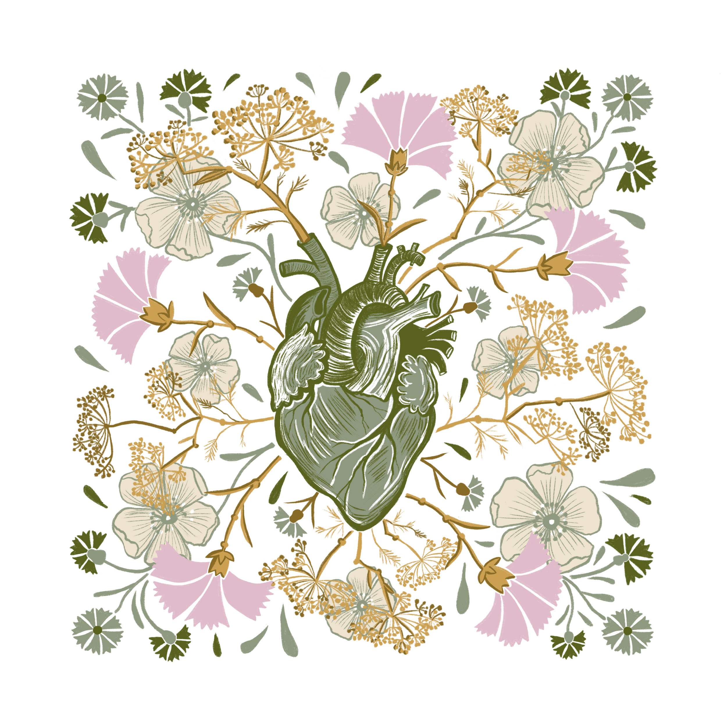 A colorful floral illustration with various flowers and leaves, featuring pink, white, and gold hues against a black background.