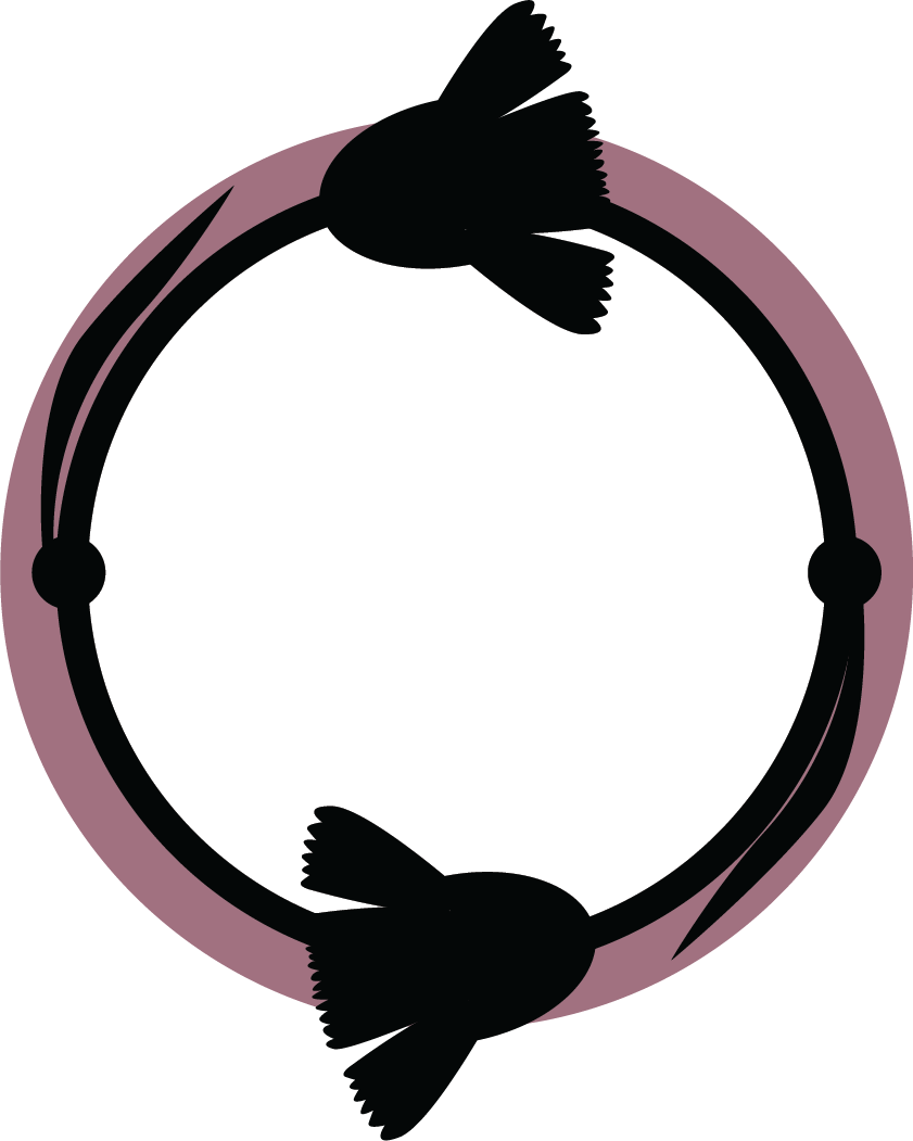 Silhouette of two birds facing each other, sitting on a circular frame adorned with a muted purple border.