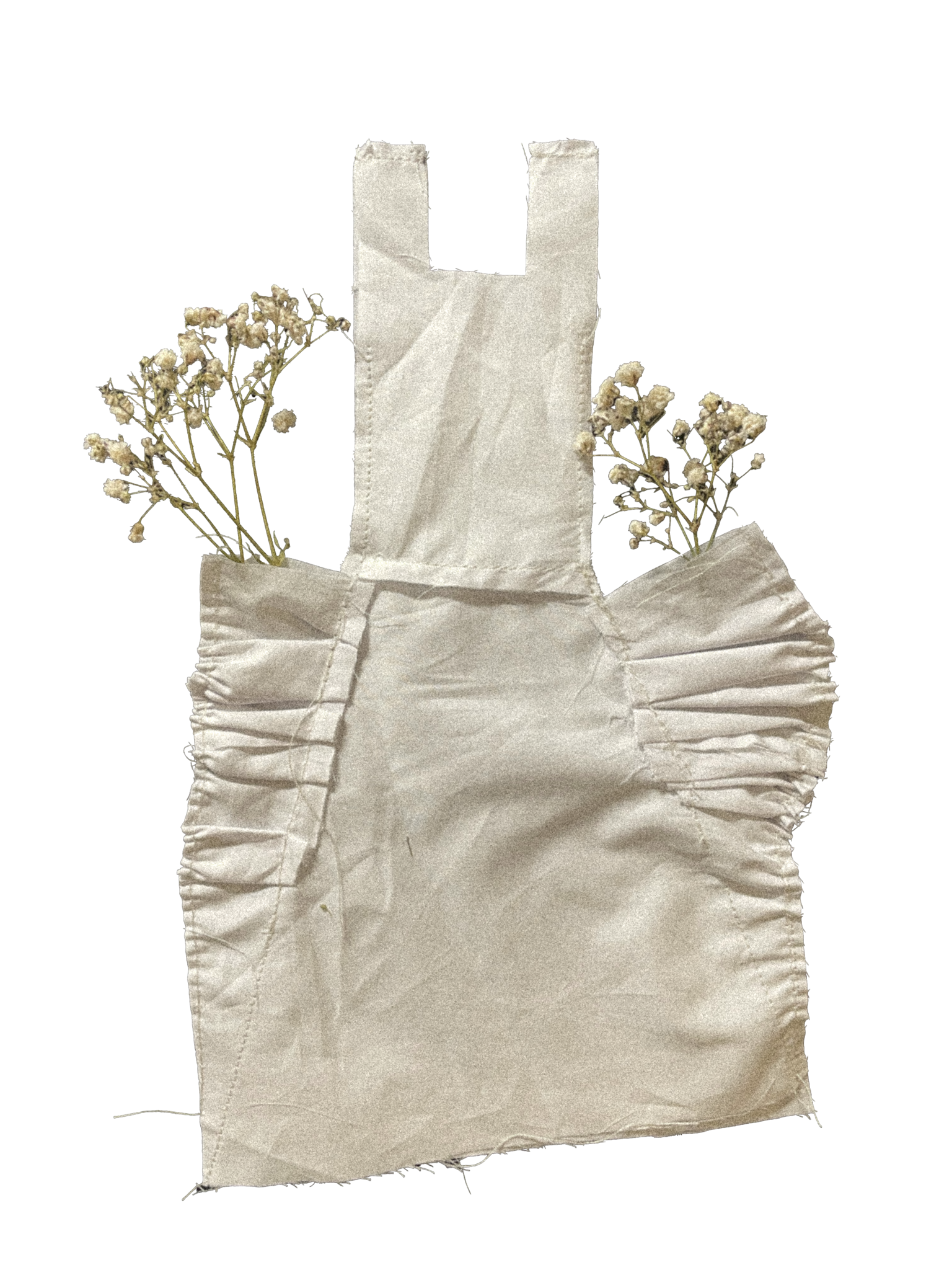A crumpled brown paper bag with dried flowers inside.