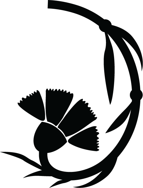 Silhouette of a flower with petals and a central disc, surrounded by leaves.