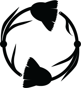 Silhouette of a circular, three-leafed plant design on a black background.