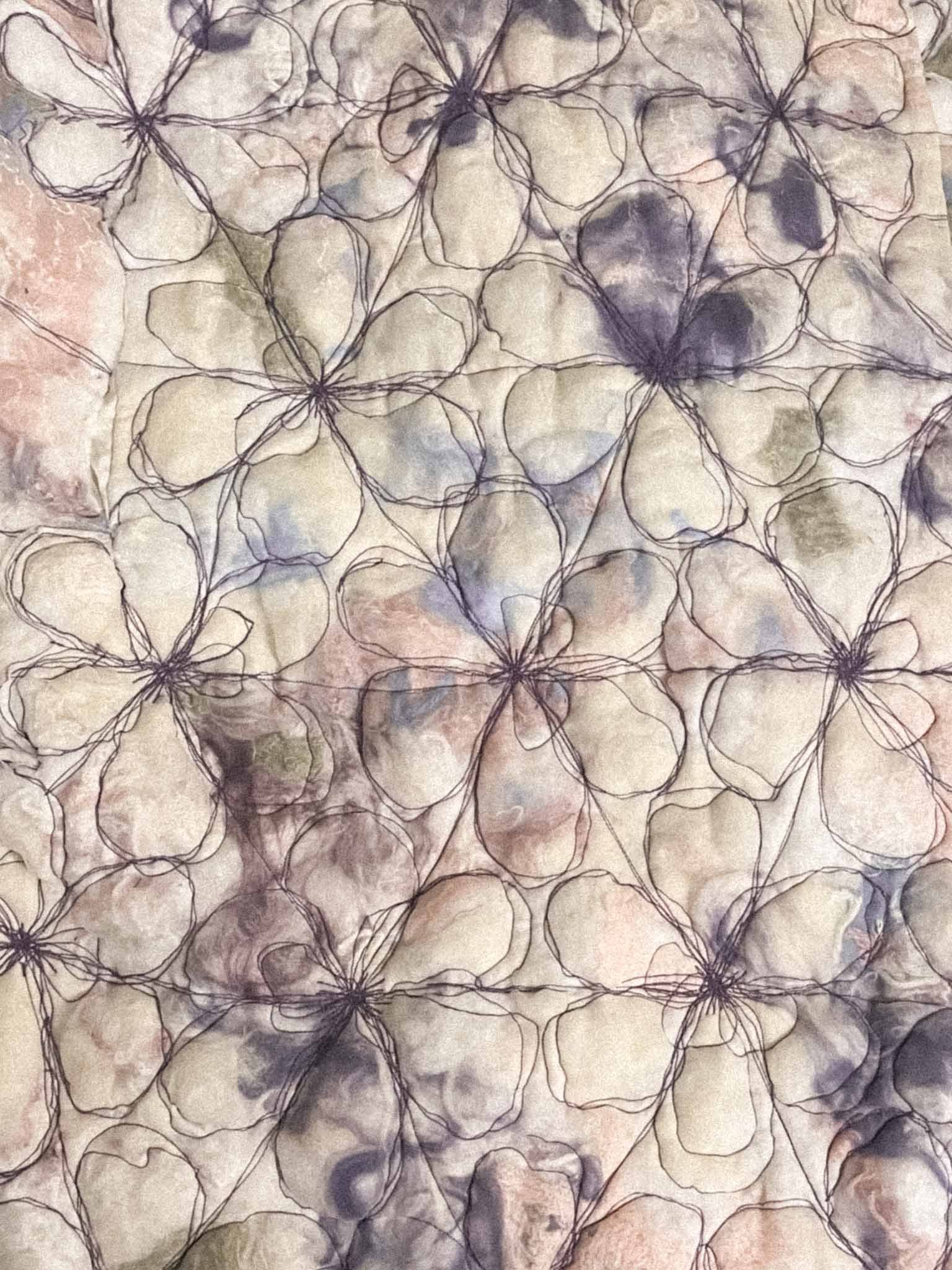 Abstract watercolor painting with interconnected floral shapes in pastel shades of pink, purple, beige, and green with fine black ink outlines.