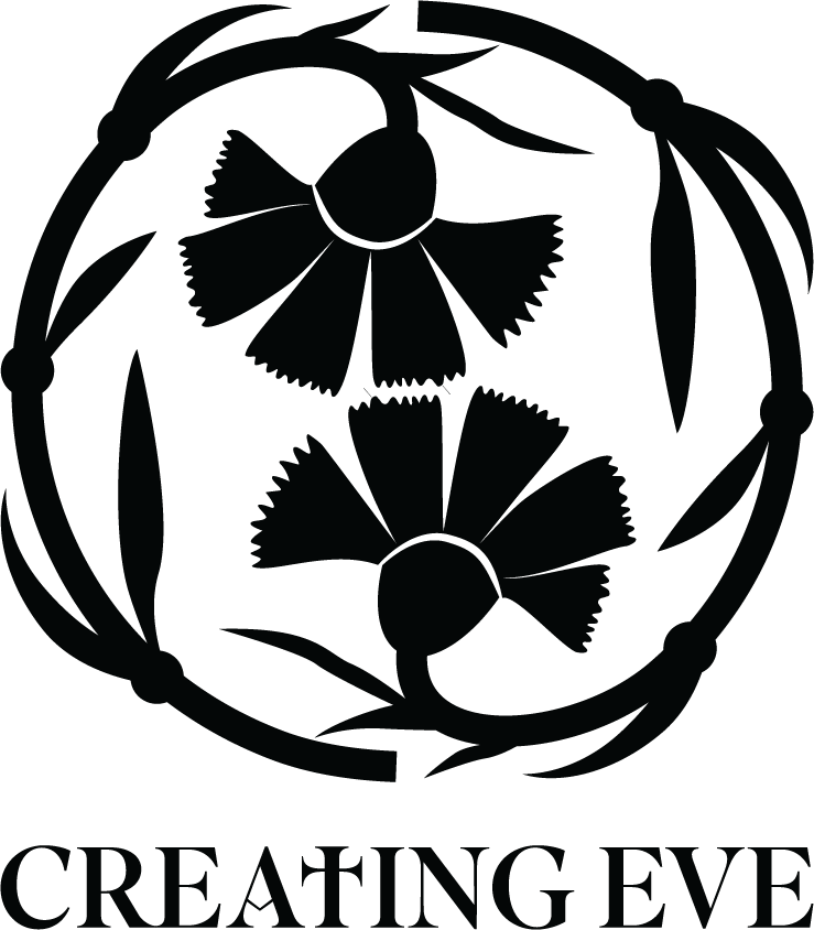 A black and white illustration of a stylized flower with the text "CREATING EVE" at the bottom.