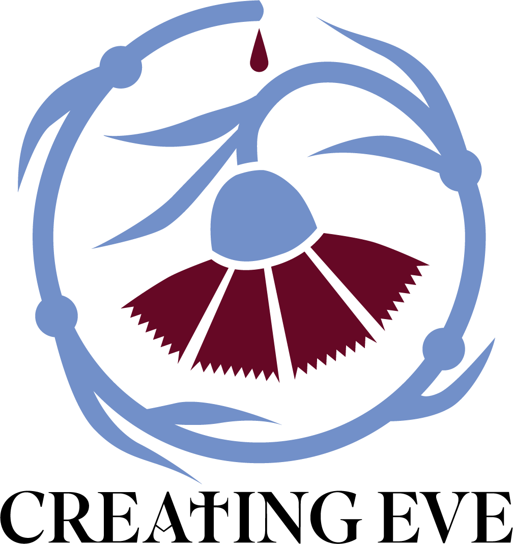 A stylized logo featuring a blue flower with seven petals, encircled by a blue barbed circle, with a small red drop above and a red and black fan-like shape below, all on a black background.