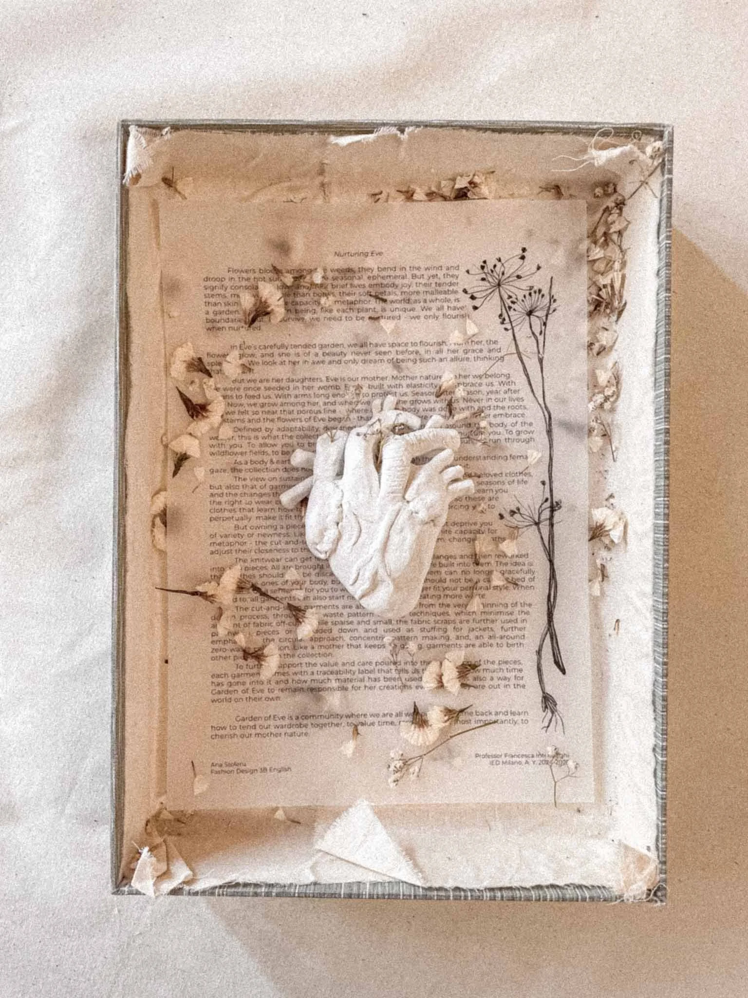 A framed piece of paper with dried flowers and a black line drawing of flowers on it, set on a beige surface, with some leaf and flower remnants around.