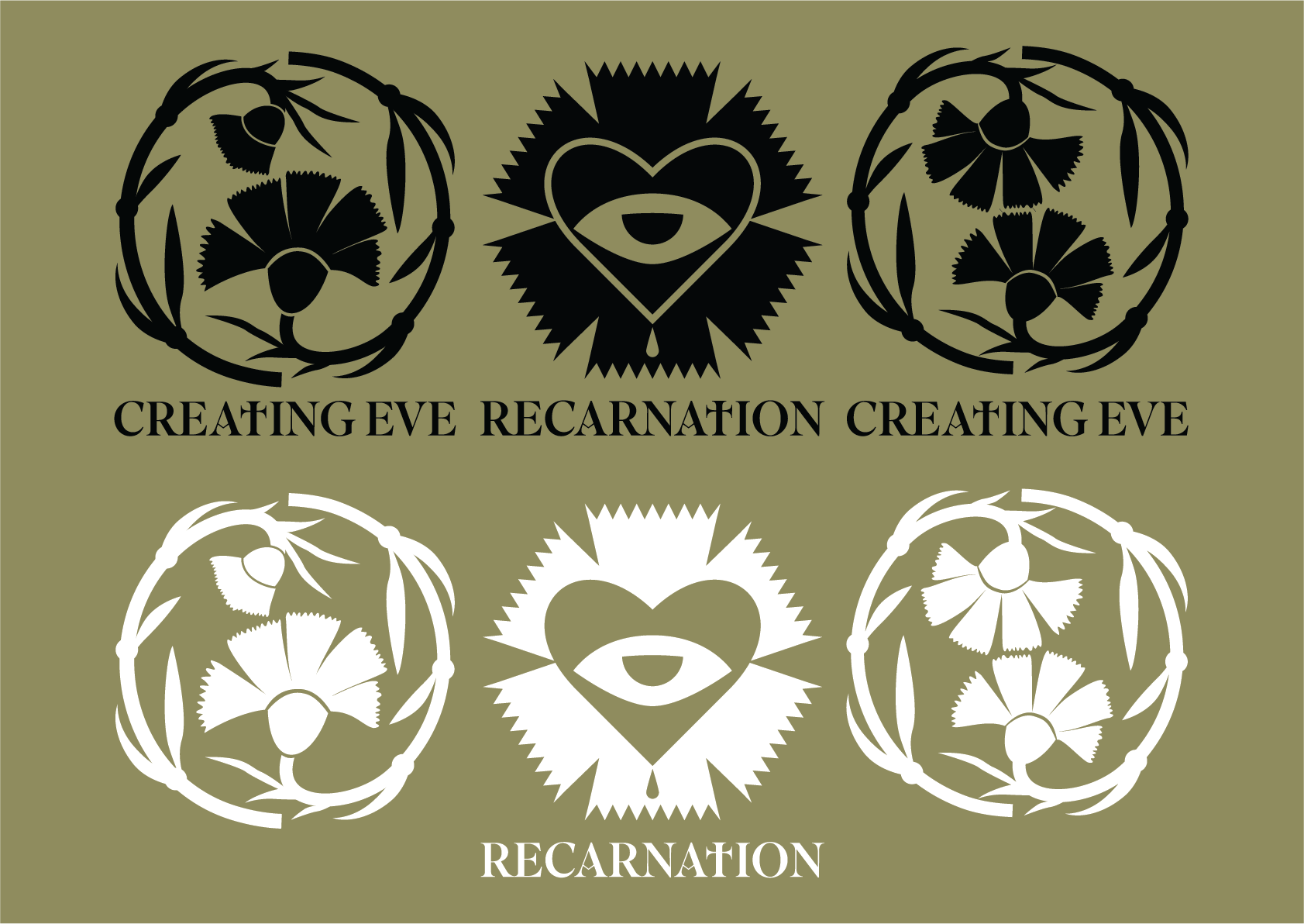 A graphic design with stylized floral and geometric elements in black and white on a green background, with the wording "Creating Eye Reincarnation Creating Eye" and "Reincarnation".