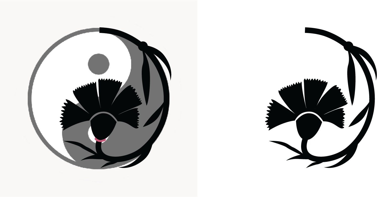 A yin-yang symbol with one half in black and the other in white, featuring a panda face design, with the panda's eyes and mouth on the black side.