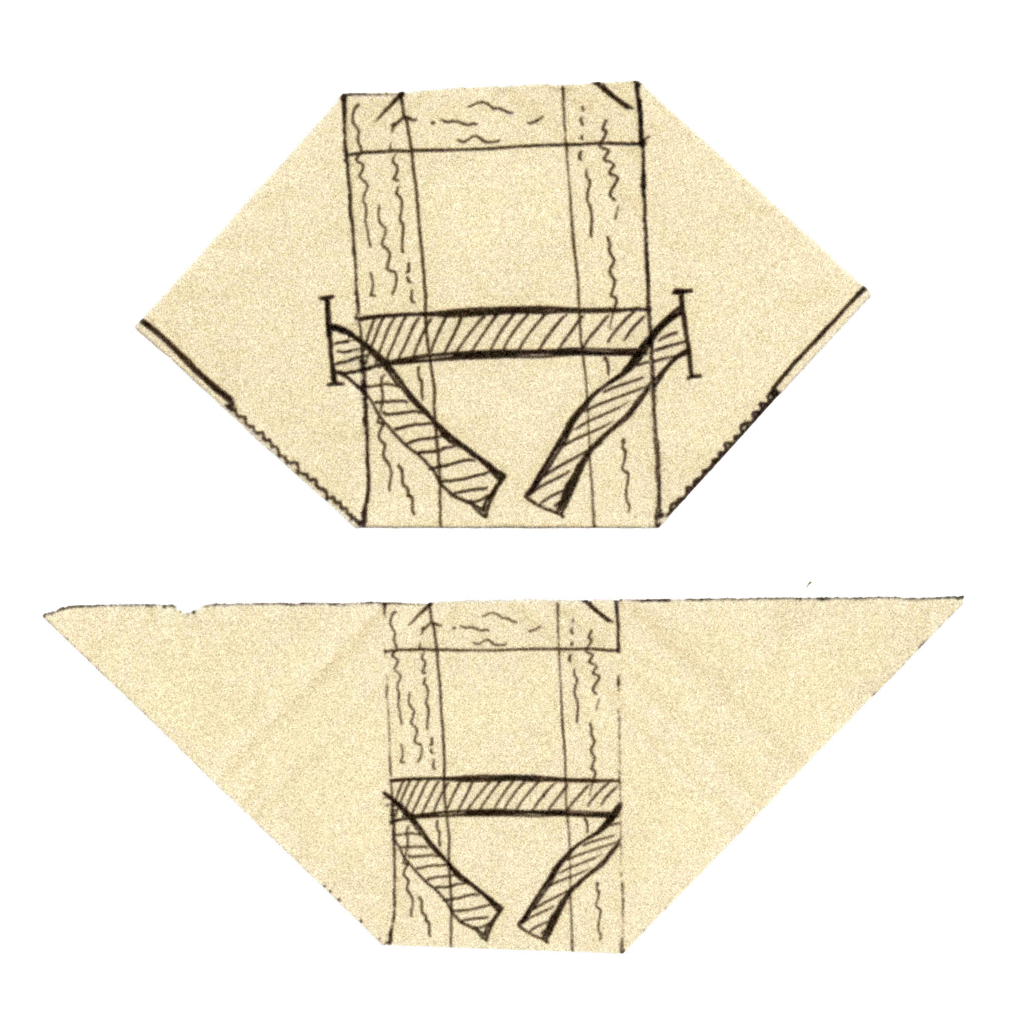 A hand-drawn sketch of a cube with some vertical and horizontal lines indicating its structure, on a piece of crumpled beige paper.