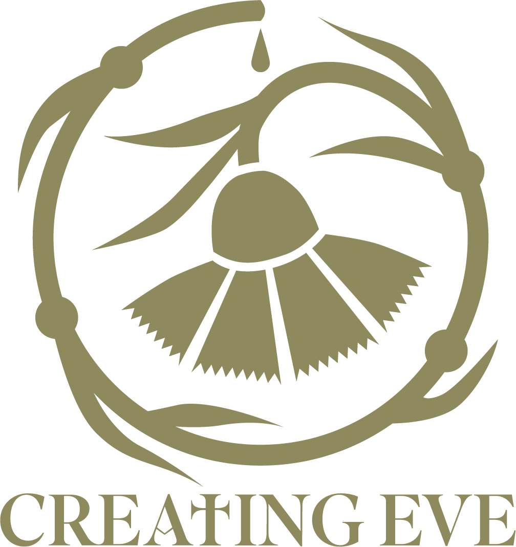 Logo with a stylized flower with three petals, surrounding a circle, and the words "CREEATING EVE" below.