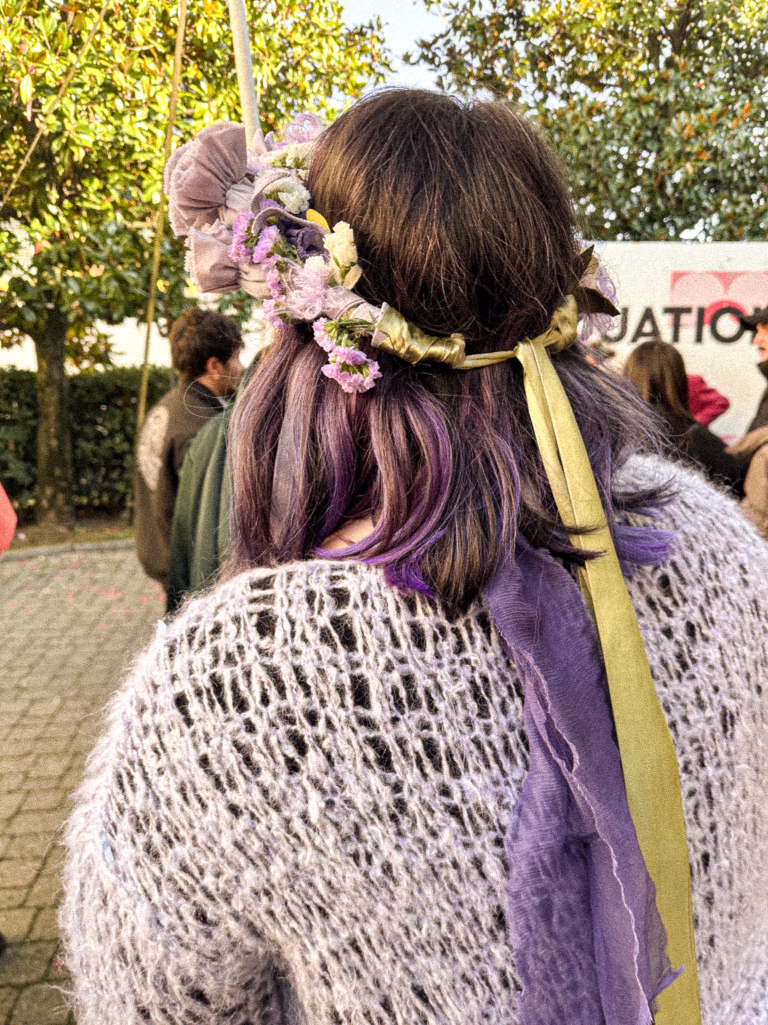 A person with long hair dyed purple and brown, wearing a floral crown and a purple garment, standing outdoors during daytime with trees and several people in the background.
