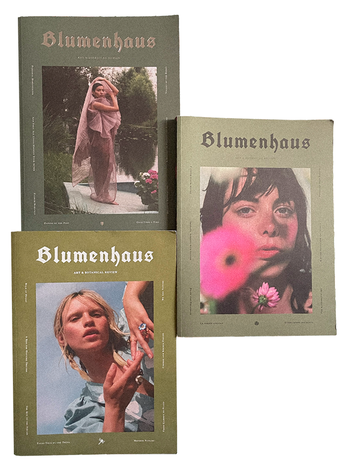 Three magazines titled 'Blumenhaus' with fashion and art photography on their covers, featuring models and botanical themes.