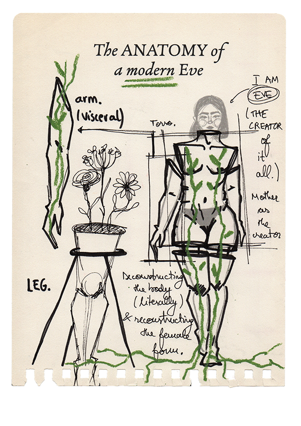 Sketch titled 'The Anatomy of a Modern Eve' showing a female figure with green marks indicating anatomy, alongside a vase with flowers and a leg sculpture. Handwritten notes refer to the figure as a representation of the creator, reconstructing female form, with annotations on arms, torso, and leg.