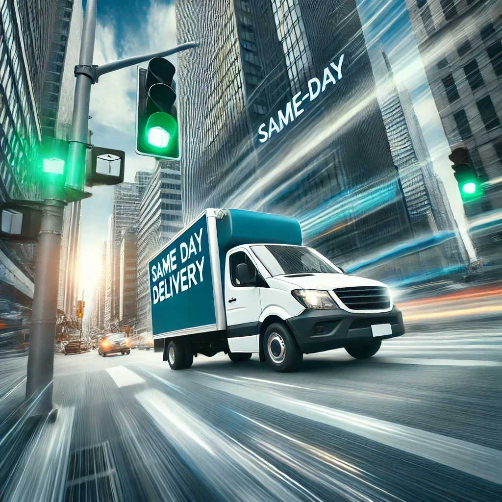 A delivery truck in a city with tall glass skyscrapers and traffic lights showing green, advertising same-day delivery.