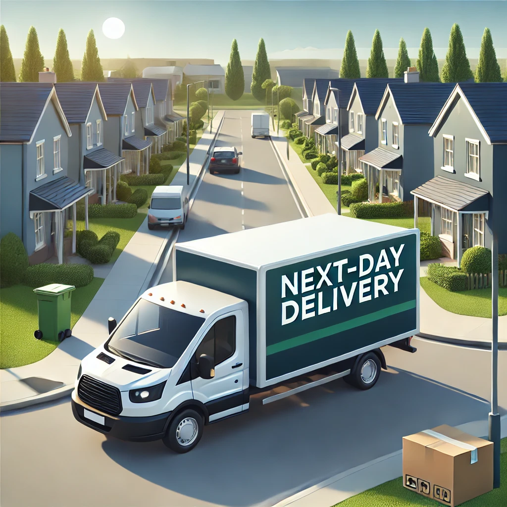 A delivery truck with the words "Next-Day Delivery" on its side is driving down a suburban street lined with houses, trees, and streetlights.