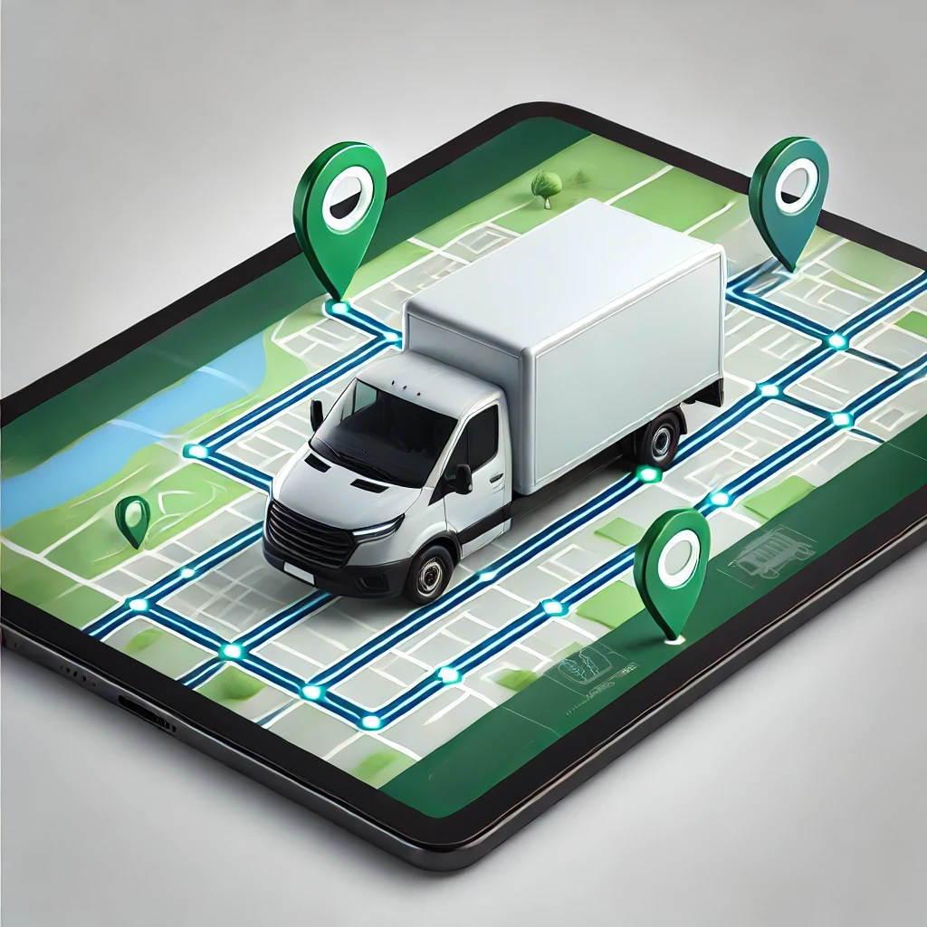 A digital illustration of a delivery truck on a map with GPS navigation, showing route tracking with location pins and connected lines on a smartphone screen.