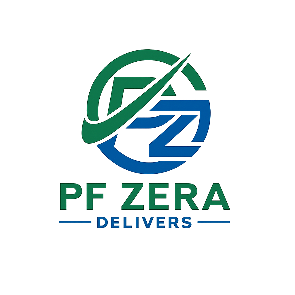 Logo for PF ZERA Delivers with a stylized green and blue globe and text.