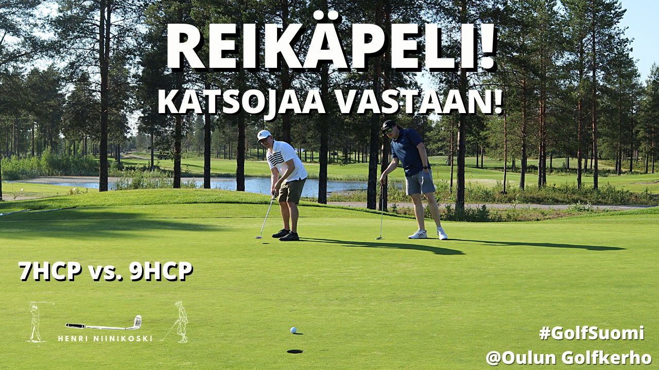 Two men playing golf on a golf course with trees and a pond in the background, preparing to putt on the green. Overlaid text in Finnish and hashtags related to golf.