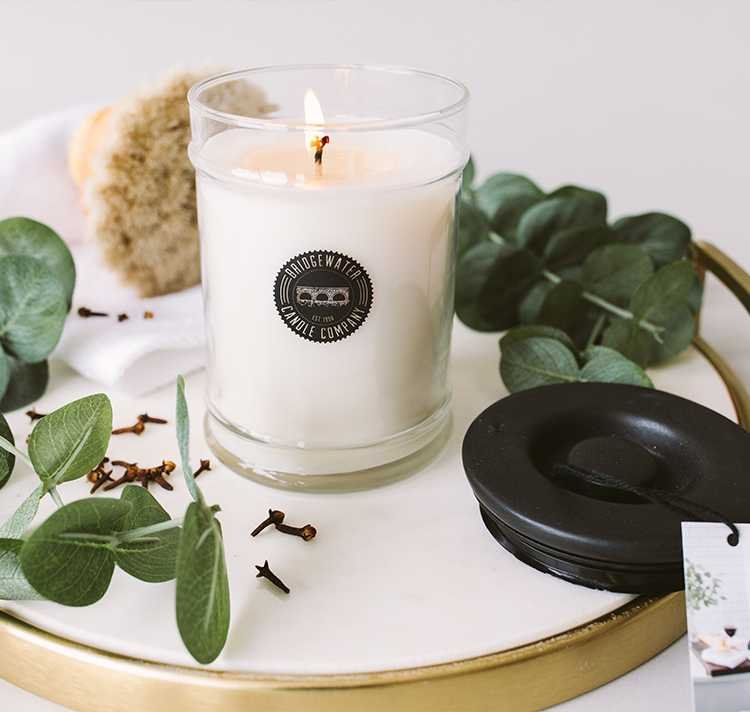 White candle with a flame on a gold tray surrounded by green leaves, whole cloves, and a black wax melt warmer.