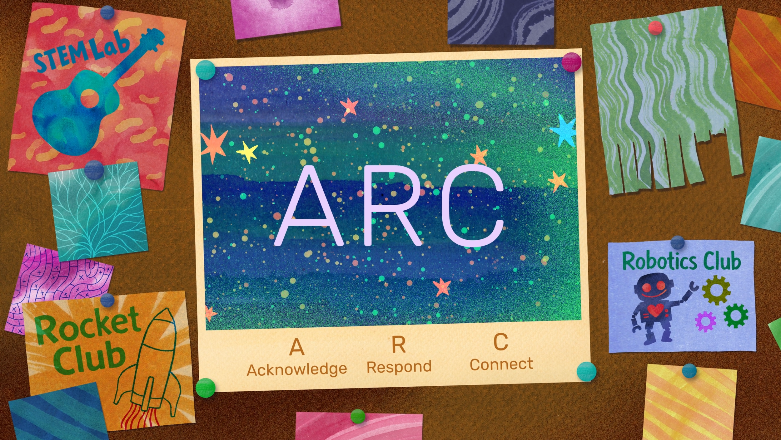 A cork board with STEM club info and the ARC acronym on a galaxy background