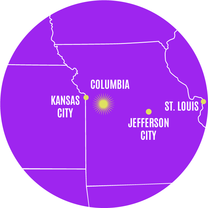 Map of the United States with Missouri highlighted, showing Kansas City, St. Louis, Jefferson City, and Columbia marked by yellow dots and text labels.